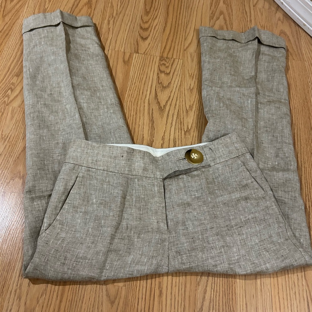 Tory Burch Linen-Cotton Cropped Pants in Light Taupe